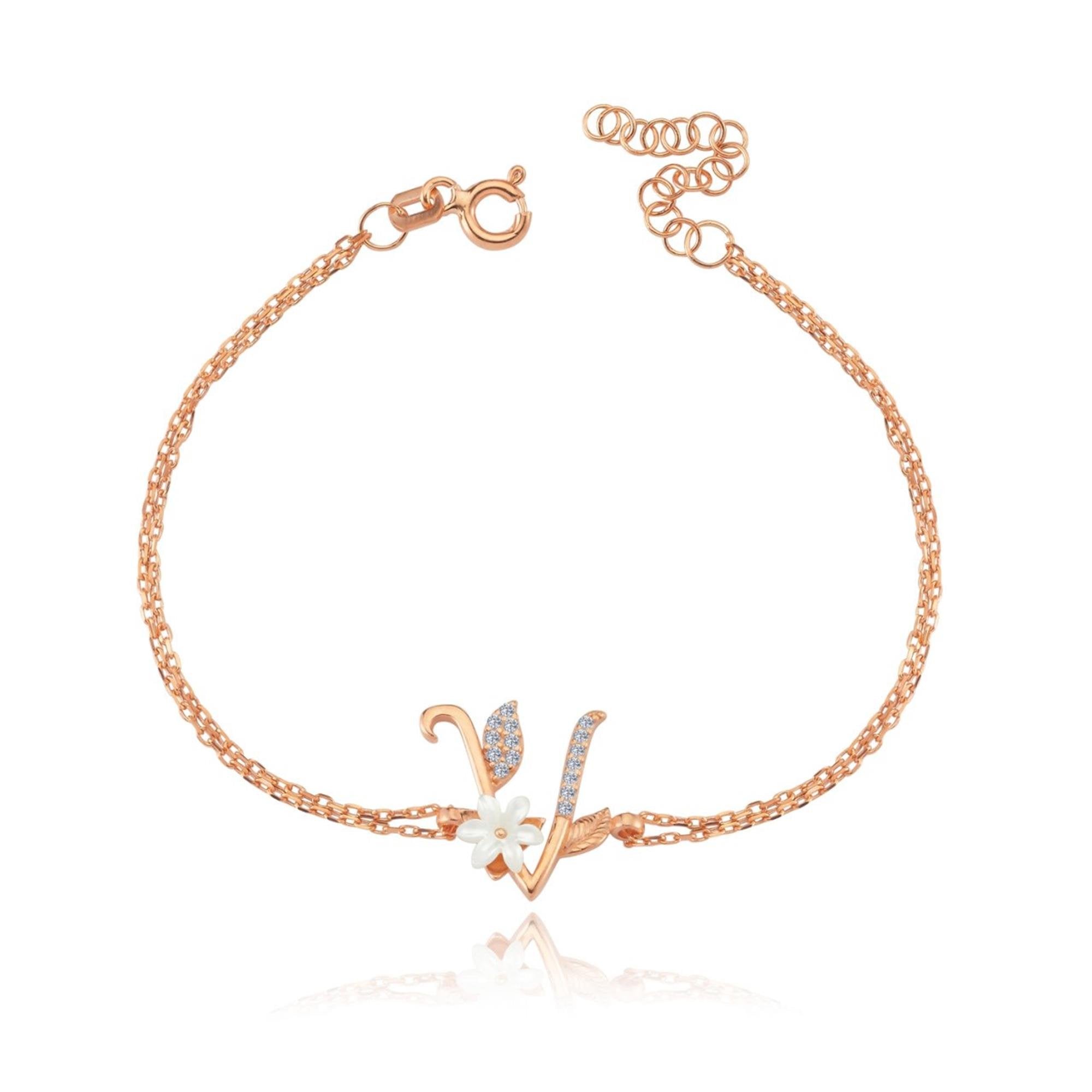 Sparkling Magnolia Flower Rose Gold 925 Sterling Silver Letter Bracelet