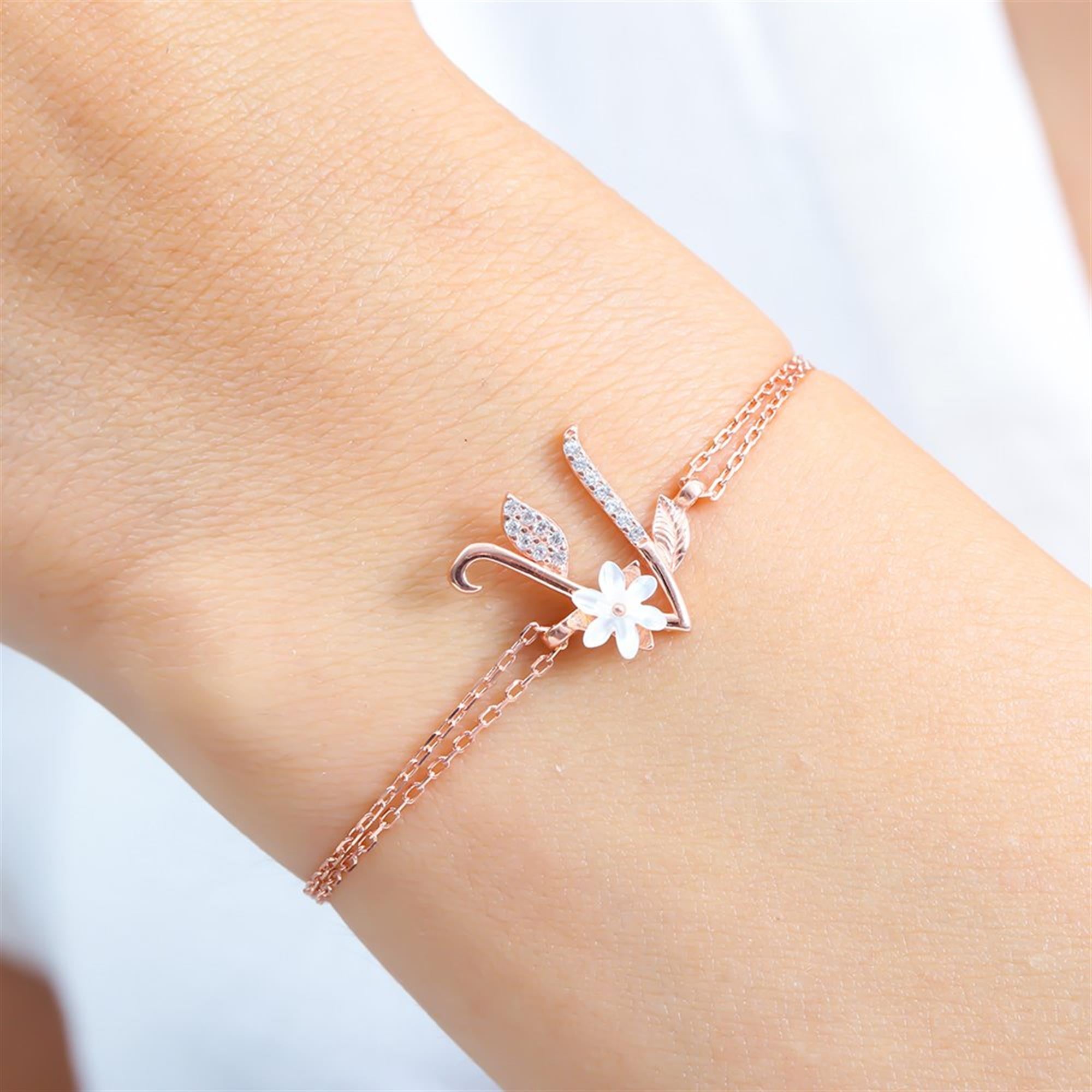 Sparkling Magnolia Flower Rose Gold 925 Sterling Silver Letter Bracelet
