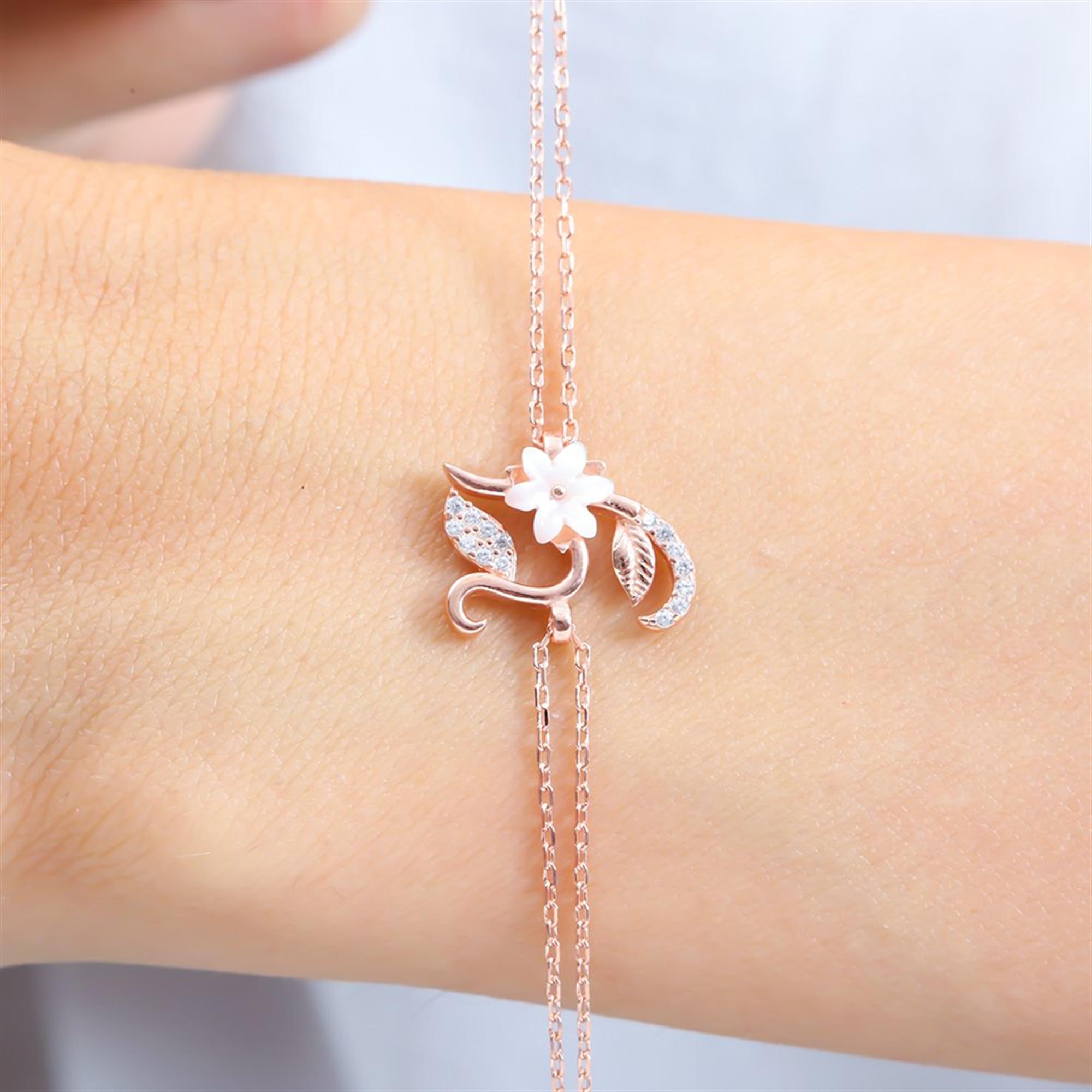 Sparkling Magnolia Flower Rose Gold 925 Sterling Silver Letter Bracelet