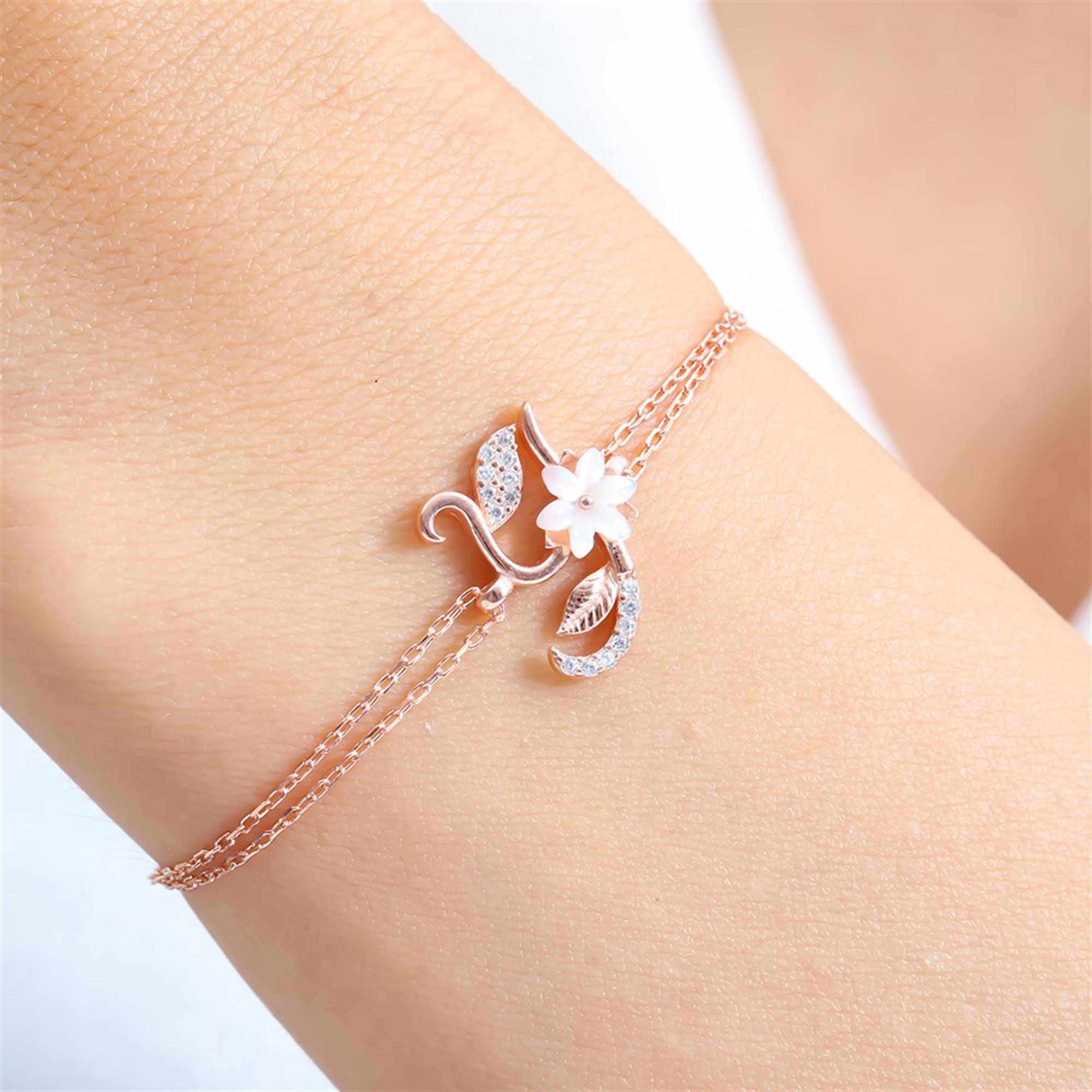 Sparkling Magnolia Flower Rose Gold 925 Sterling Silver Letter Bracelet