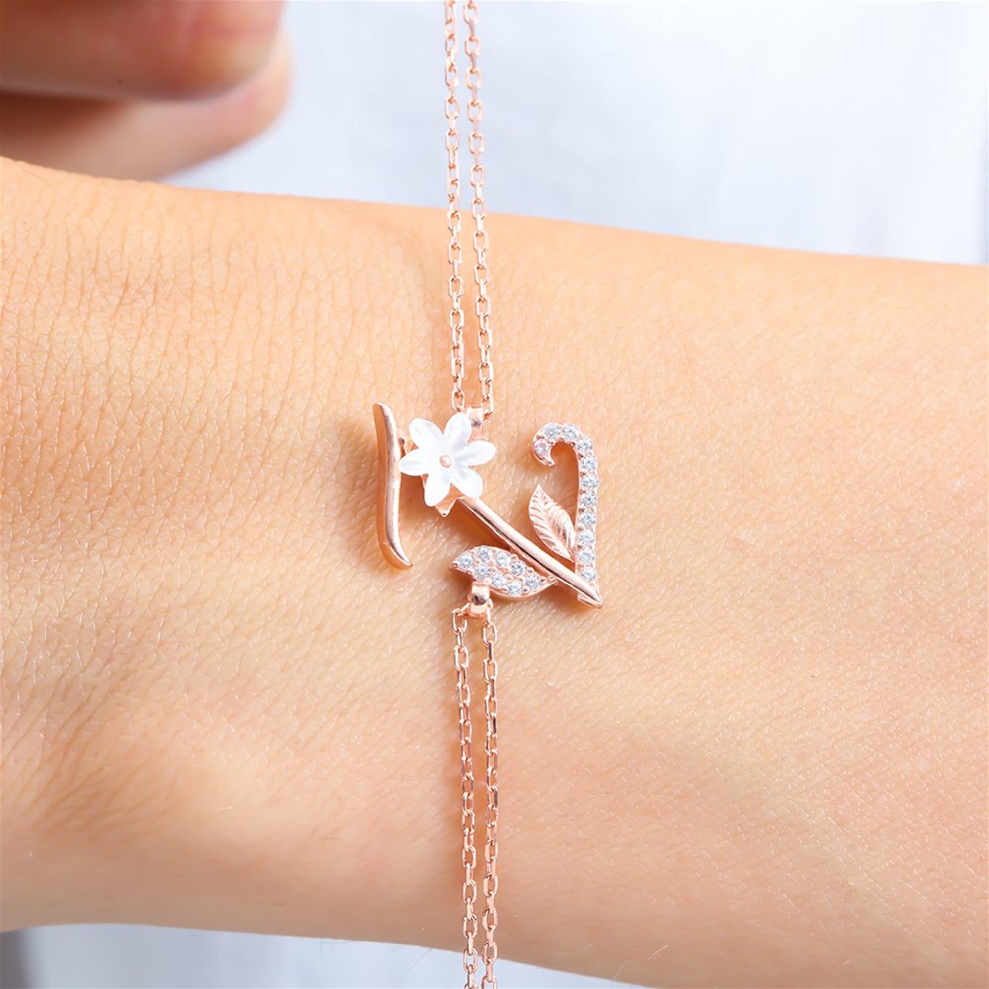 Sparkling Magnolia Flower Rose Gold 925 Sterling Silver Letter Bracelet