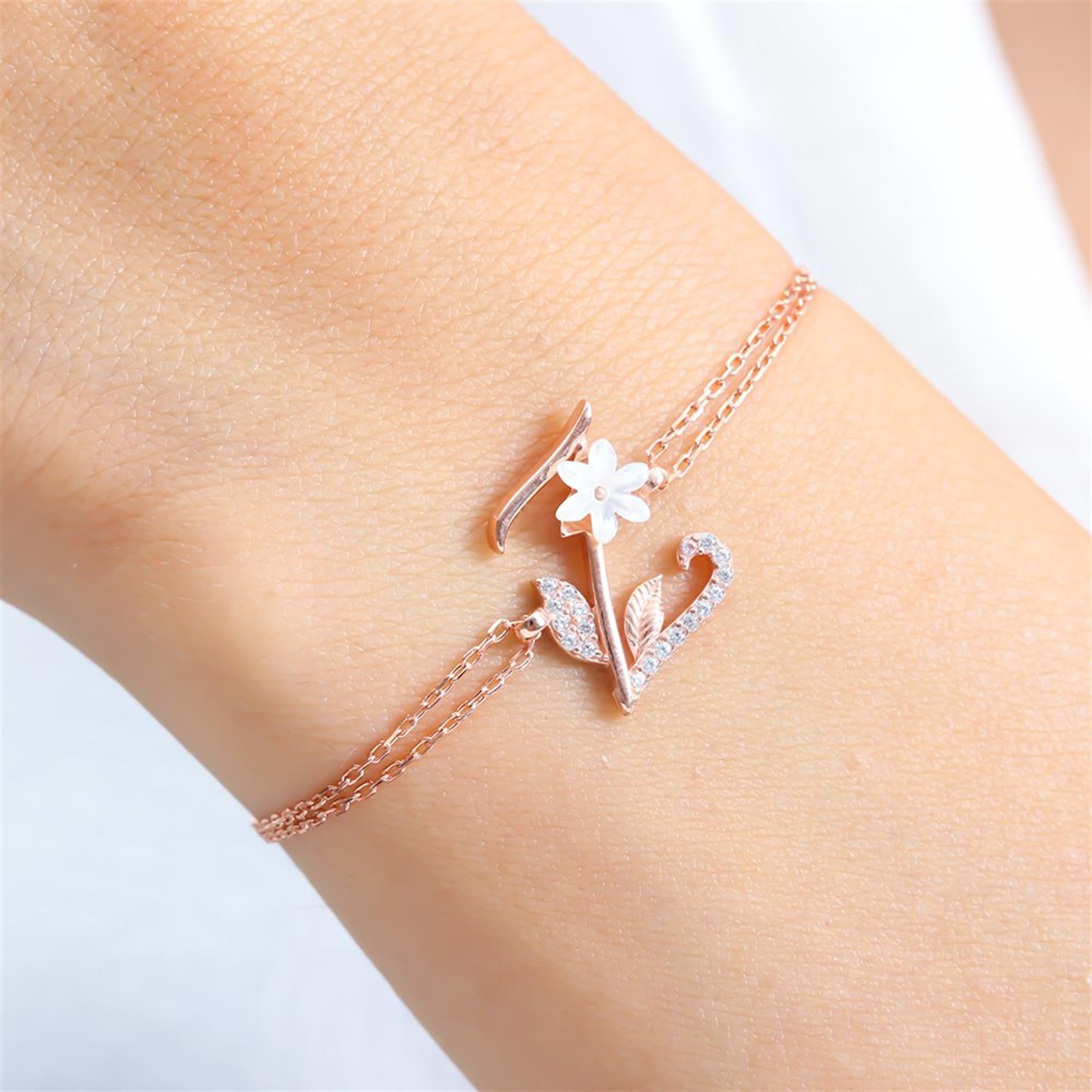 Sparkling Magnolia Flower Rose Gold 925 Sterling Silver Letter Bracelet