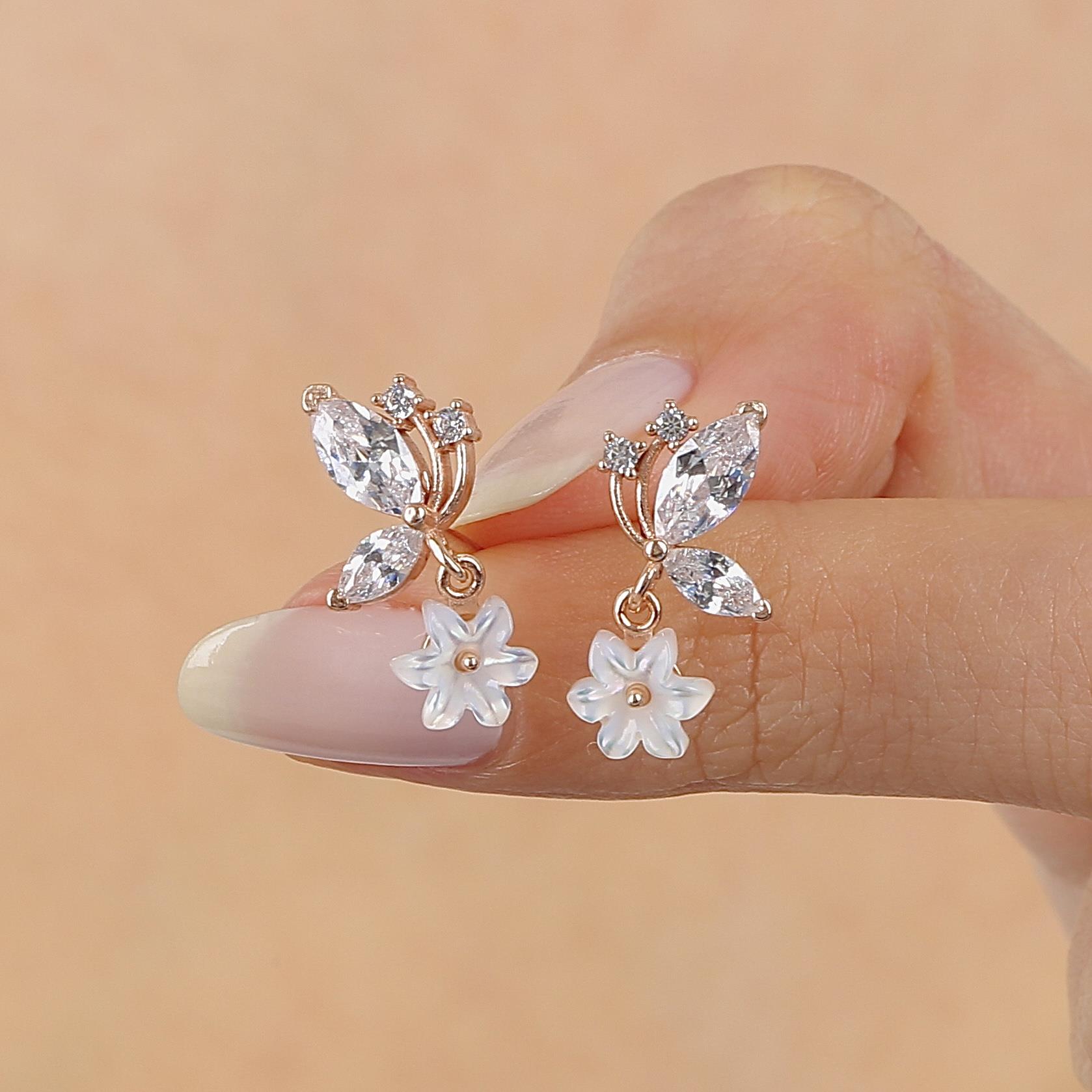 Butterfly Joy Magnolia Flower Rose Gold 925 Sterling Silver Earrings