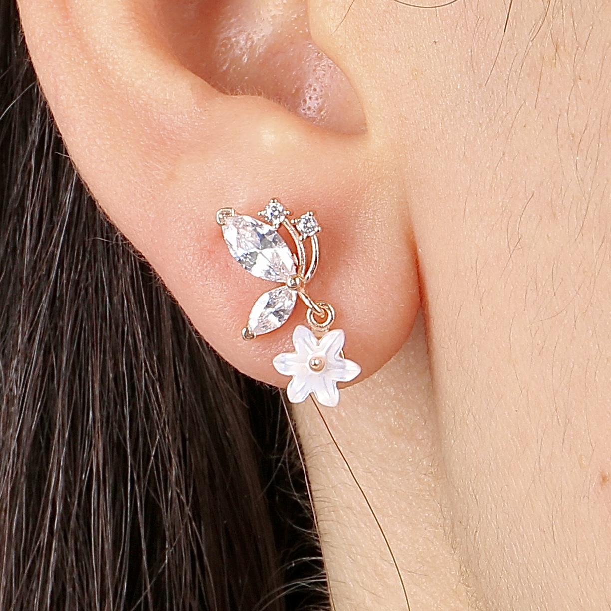 Butterfly Joy Magnolia Flower Rose Gold 925 Sterling Silver Earrings