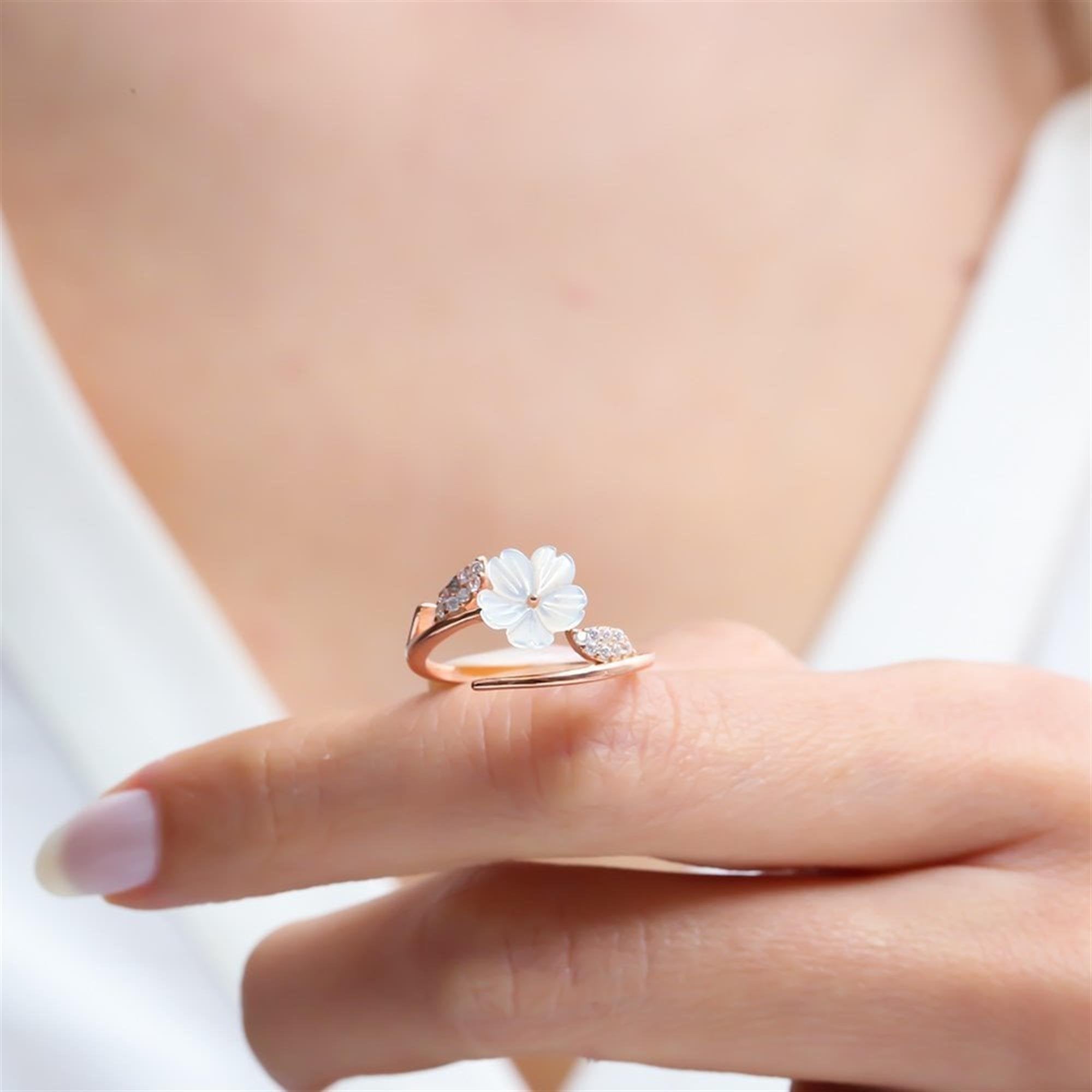 Magnolia Flower Sparkle Rose Gold 925 Sterling Silver Adjustable Ring