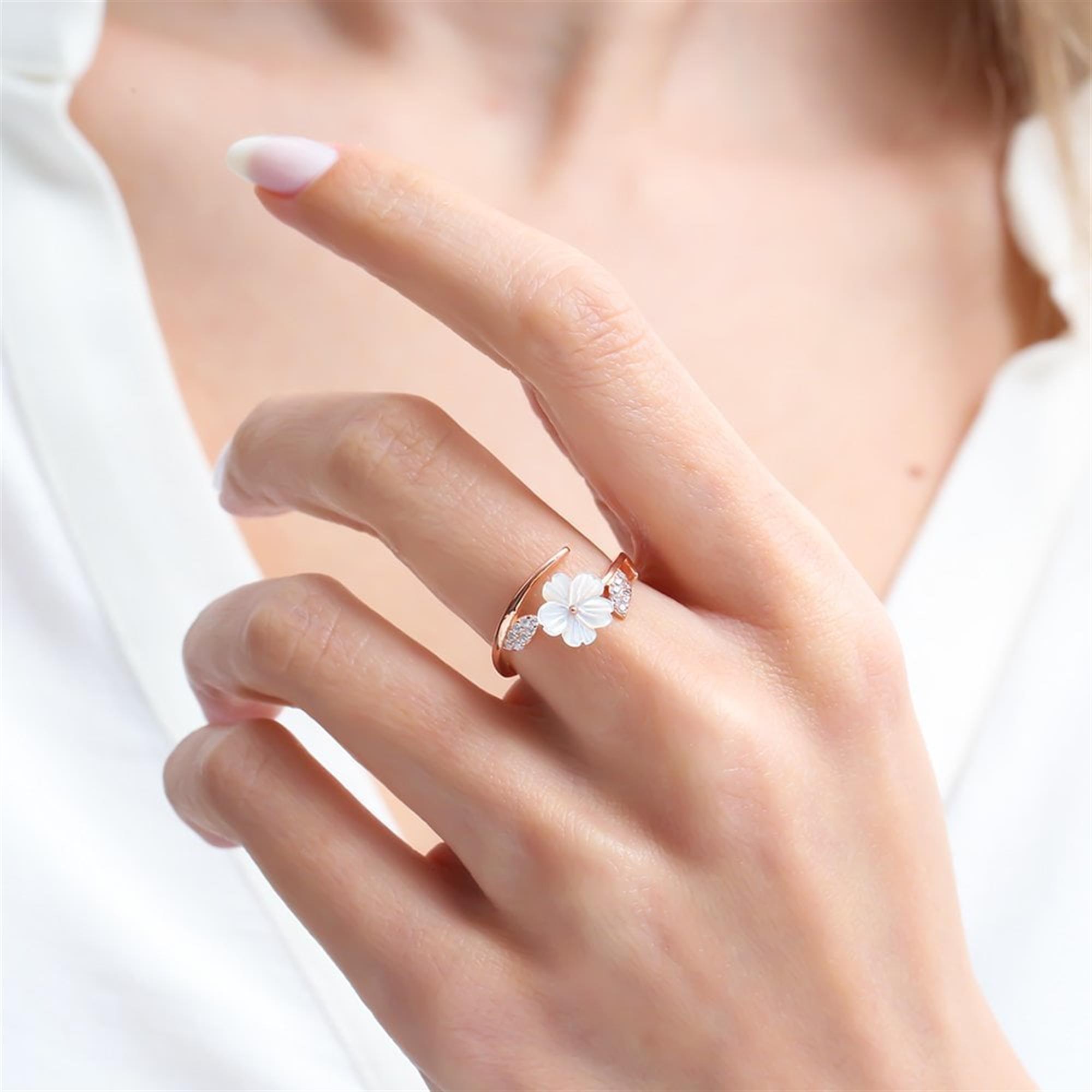 Magnolia Flower Sparkle Rose Gold 925 Sterling Silver Adjustable Ring