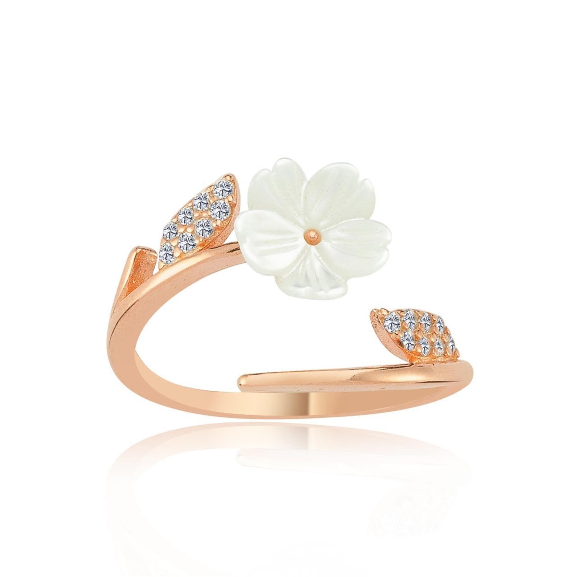 Magnolia Flower Sparkle Rose Gold 925 Sterling Silver Adjustable Ring