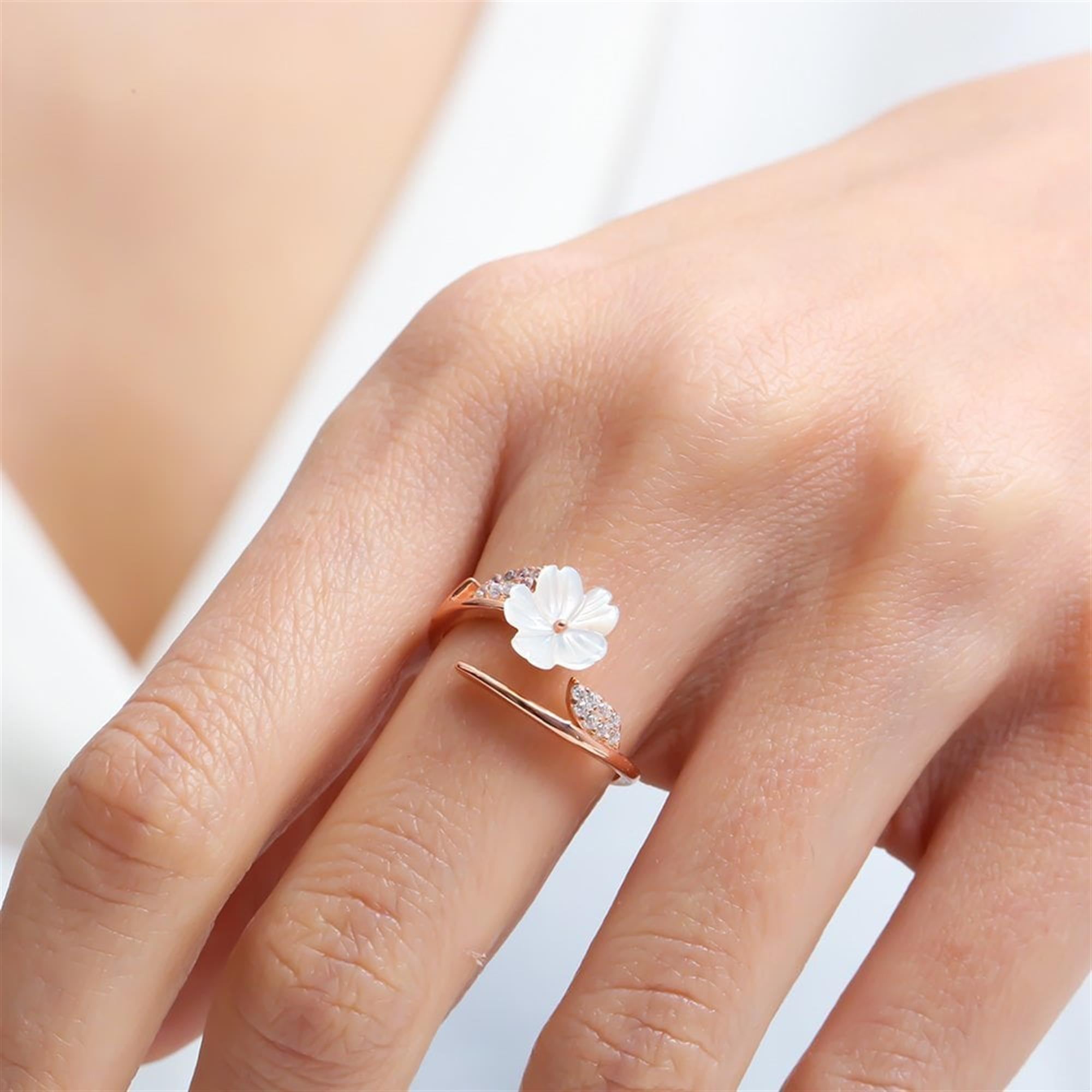Magnolia Flower Sparkle Rose Gold 925 Sterling Silver Adjustable Ring