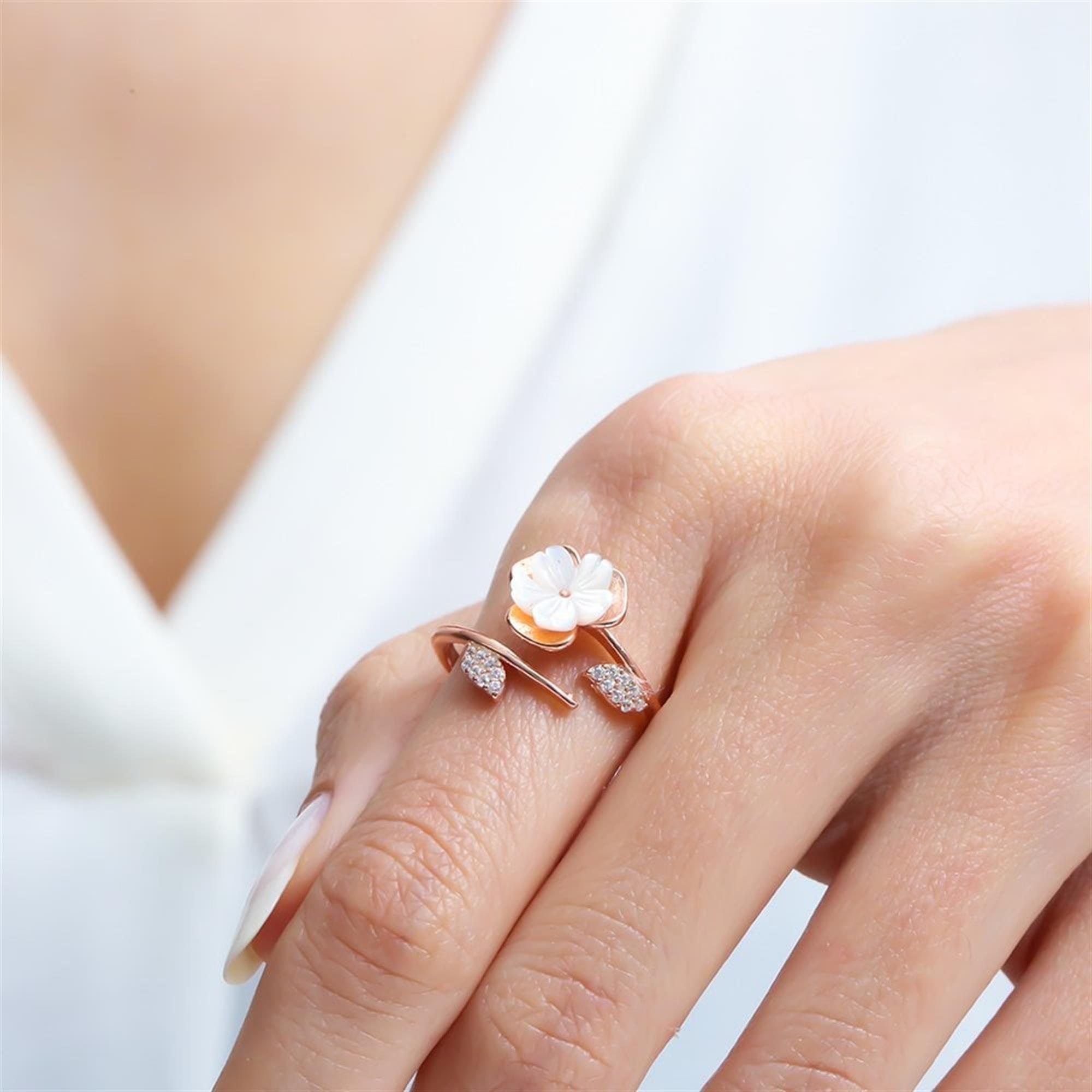 Magnolia Flower Grace Rose Gold Adjustable 925 Sterling Silver Ring