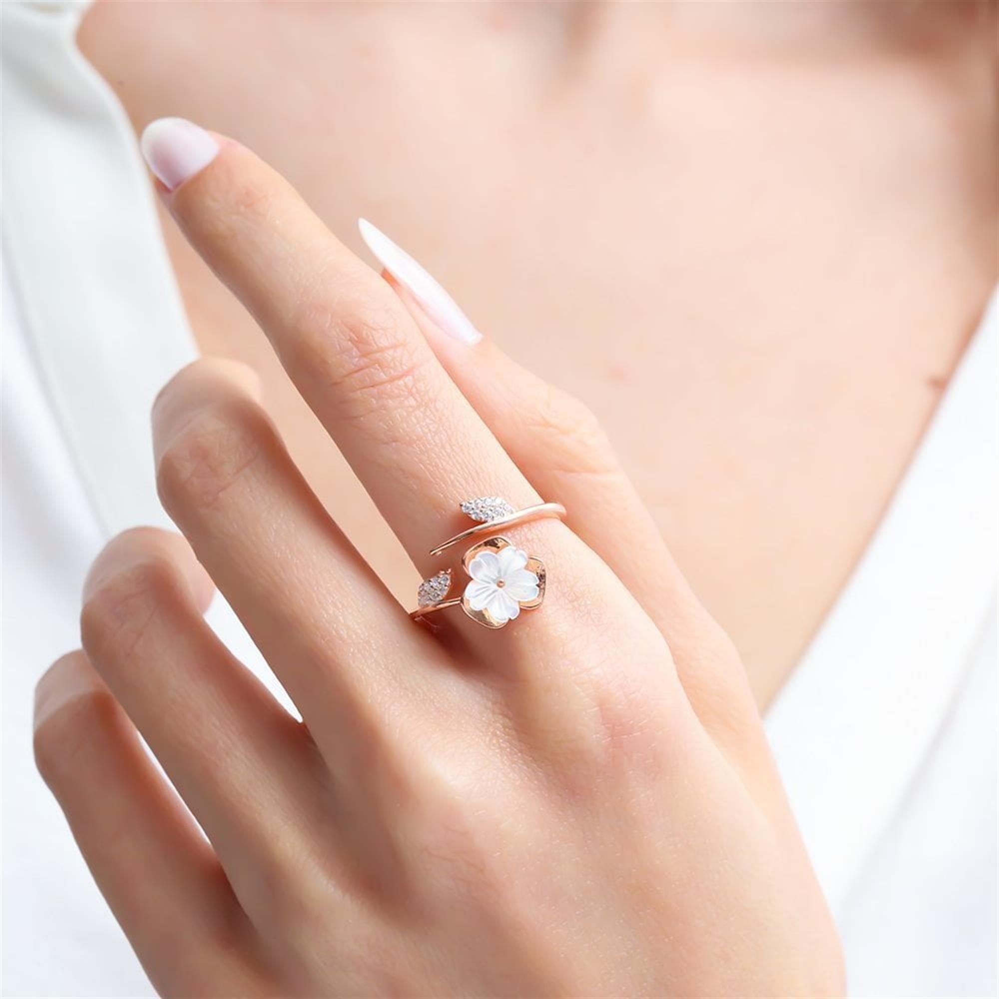 Magnolia Flower Grace Rose Gold Adjustable 925 Sterling Silver Ring