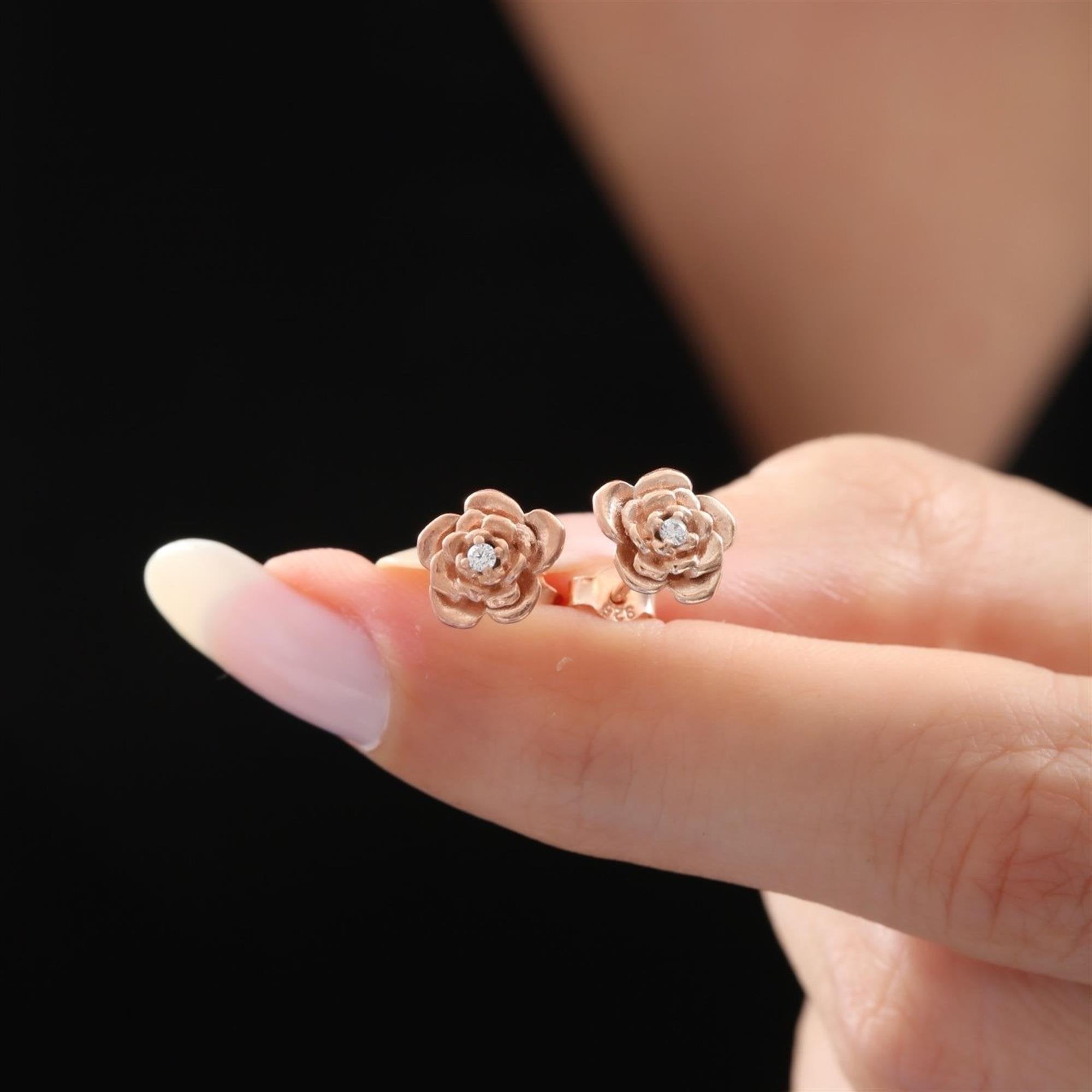 Minimal Rosebud Floral Rose Gold-Plated 925 Sterling Silver Earrings