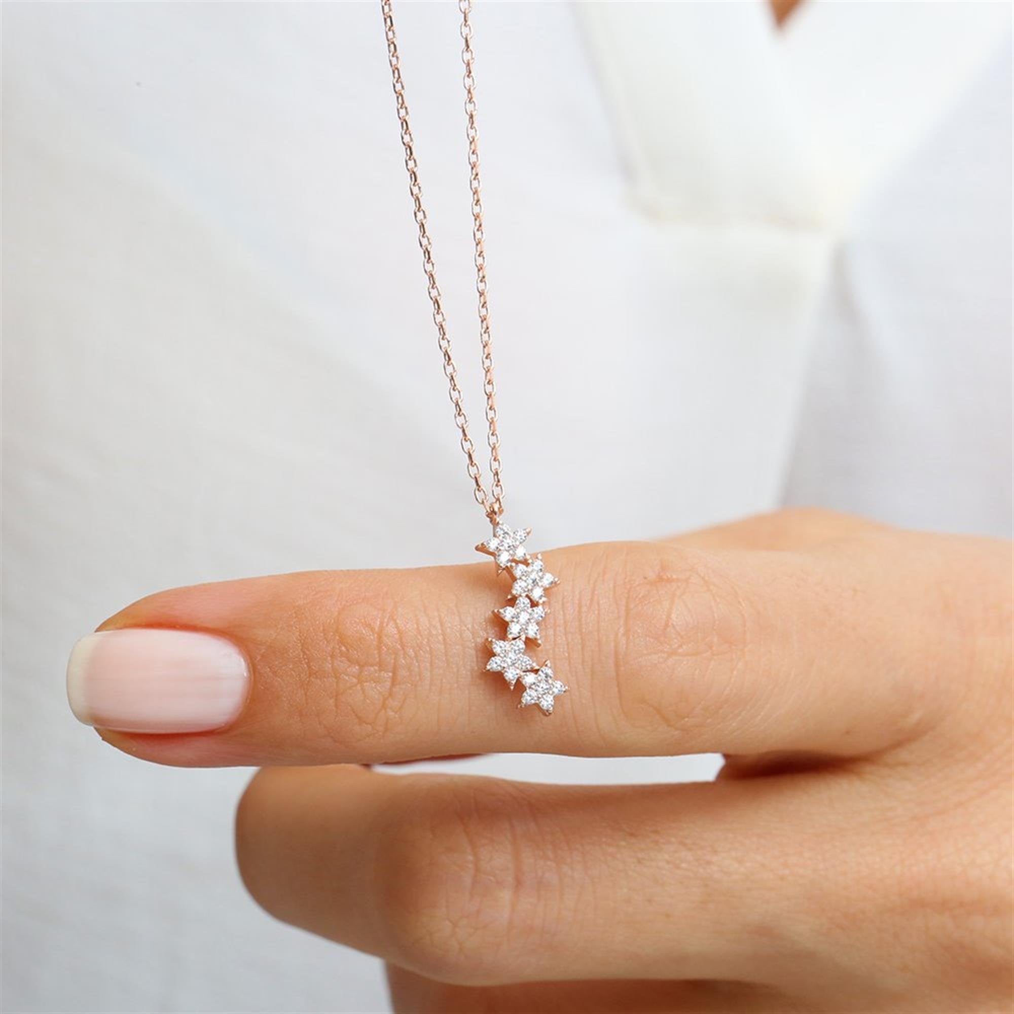 Diamond Mount Asymmetric Stars 925 Sterling Silver / Rose Gold Necklace
