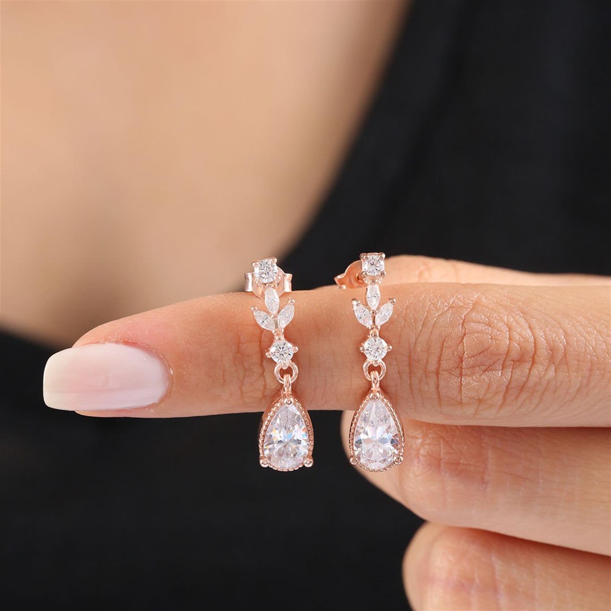 Diamond-Cut Sparkling Teardrop Rose Gold-Plated 925 Sterling Silver Earrings