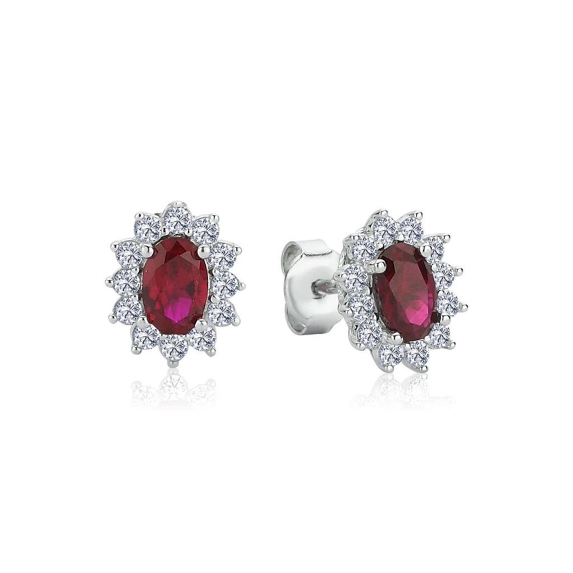 Diamond Mount Synthetic Oval Ruby 925 Sterling Silver Earrings